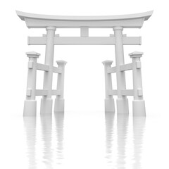 Clay render of traditional Japanese floating Torii gate with side pillars over wavy reflective background - 3d illustration