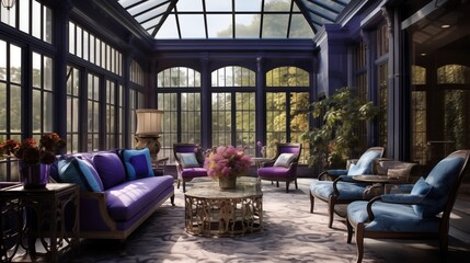 Naklejka premium Sunroom in jewel tones of sapphire blue and smoky eggplant purple.