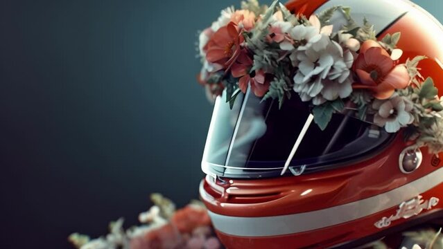 The victorious drivers helmet adorned with a wreath of flowers a symbol of their triumph in the race.