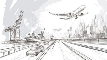 Drawing sketch depicts  bustling transport hub where multiple modes of transportation converge.