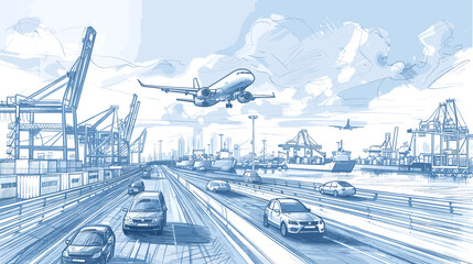 Drawing sketch depicts  bustling transport hub where multiple modes of transportation converge. - obrazy, fototapety, plakaty