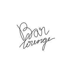 Bar lounge logo inscription, continuous line drawing, hand lettering, print for clothes, t-shirt, emblem, logo design, one single line on white background. Isolated vector illustration.