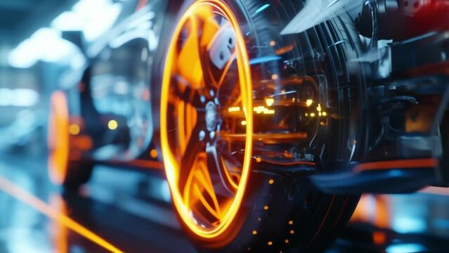 A closeup of the regenerative braking system on an ecofriendly car which captures energy lost through braking and recycles it back into the vehicles battery.