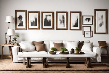 Naklejka na ściany i meble Classic style home interior design of modern living room. Rustic coffee tables near white sofa against wall with frames. 