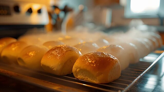 Freshly baked rolls still steaming hot cooling on a wire rack filling the kitchen with the tempting aroma of freshly baked bread.