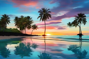 Fototapeta na wymiar Clear Aqua Blue Water with Reflection of Colorful Morning Sunrise Sky off Glassy Ocean Ripples with Silhouette of Palm Trees in Tropical Island Paradise Nature Scene on Maui Generative AI