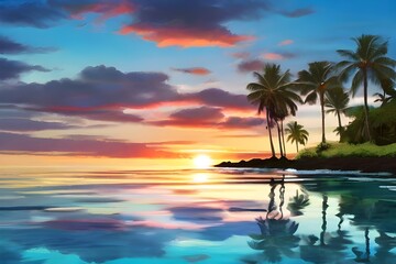 Clear Aqua Blue Water with Reflection of Colorful Morning Sunrise Sky off Glassy Ocean Ripples with Silhouette of Palm Trees in Tropical Island Paradise Nature Scene on Maui Generative AI