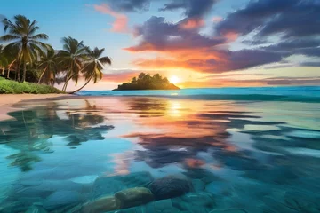 Foto op Canvas Clear Aqua Blue Water with Reflection of Colorful Morning Sunrise Sky off Glassy Ocean Ripples with Silhouette of Palm Trees in Tropical Island Paradise Nature Scene on Maui Generative AI © Mirza
