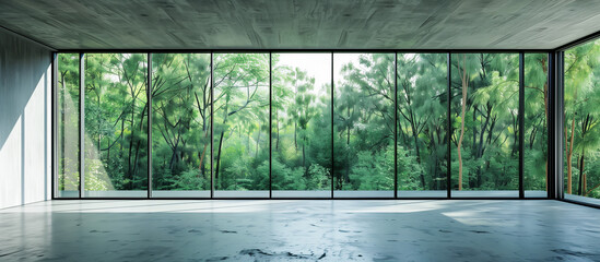 empty modern living room of glass window with concrete floor and forest view concept background