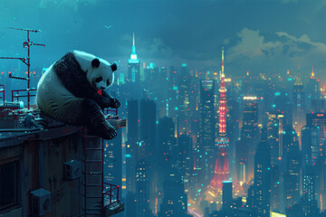 a panda on top of a tall building in the city