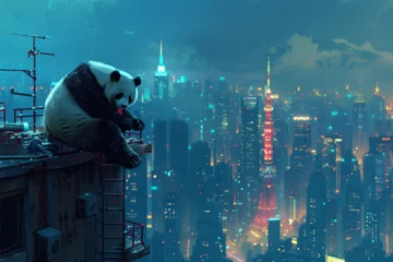 Outdoor-Kissen a panda on top of a tall building in the city © imur