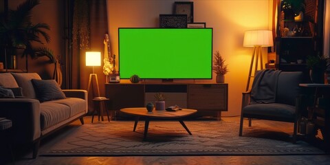 Green Screen TV Mock Up in Living Room with Amazing Lights. Modern TV with Big Empty Screen for Your Advertising