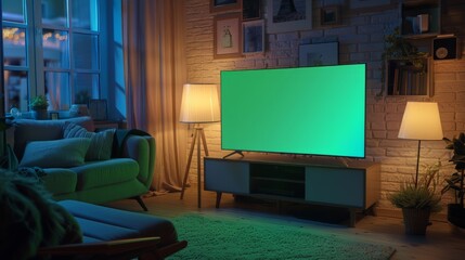 Green Screen TV Mock Up in Living Room with Amazing Lights. Modern TV with Big Empty Screen for Your Advertising