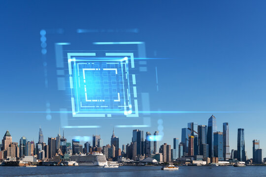 A holographic security pattern superimposed on a clear blue sky with the Manhattan skyline in the background. Photography and technology concept. Double exposure