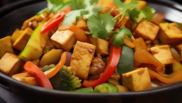 A sizzling stirfry of mixed vegetables and tofu, seasoned with a medley of es and finished with a generous tering of fresh coriander leaves, imbuing the dish with a fragrant and aromatic