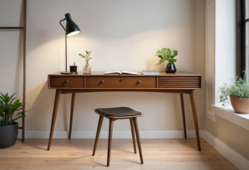 mid-century modern wood desk isolated on transparent background