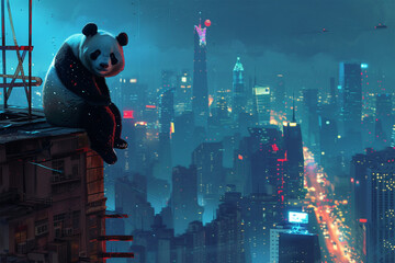 a panda on top of a tall building in the city