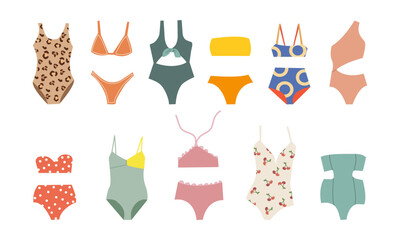 Colorful female beachwear, swimwear, lingerie assortment. One-piece, two-piece swimming suit, bathing costume fashion flat icons set. Maillot, bandeau, bikini. Vector swimsuit isolated on white.