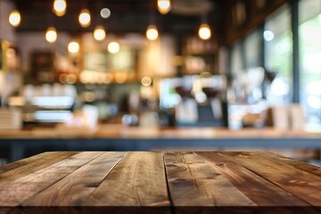 a rustic wooden board serving as an empty table, positioned in front of a blurred background reminiscent of a bustling coffee shop - obrazy, fototapety, plakaty