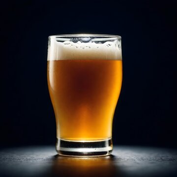Close-up of a glass of beer with frothy head against a dark background