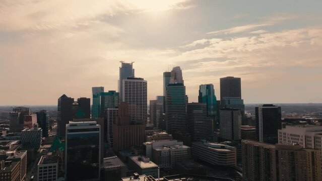 aerial drone shot of the downtown Minneapolis skyline in Minnesota on an early spring day