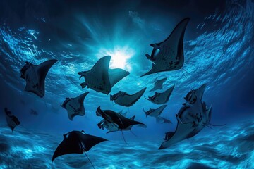 A group of stingfish gracefully swimming together in their natural ocean habitat, A stunning display of manta rays dancing in the moonlight above the oceanâ€™s surface, AI Generated - obrazy, fototapety, plakaty
