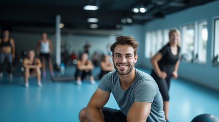 Male Fitness Trainer Smiling in Modern Gym Setting. - obrazy, fototapety, plakaty