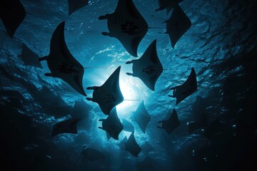 A large school of various fish species swimming together in the open ocean, A stunning display of manta rays dancing in the moonlight above the oceanâ€™s surface, AI Generated - obrazy, fototapety, plakaty