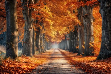 A dirt road winds through a forested area, enveloped by towering trees adorned with vibrant autumn leaves, A stunning panorama of a tree-lined avenue during fall, AI Generated