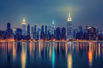 Fototapeta na wymiar A vibrant city skyline comes to life at night, with brightly lit buildings and a bustling flow of vehicles on the streets below, A stunning panorama of the New York skyline, AI Generated