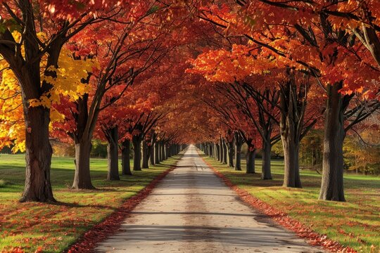 A scenic road in the midst of fall, bordered on both sides by a row of vibrant trees displaying their autumn colors, A stunning panorama of a tree-lined avenue during fall, AI Generated