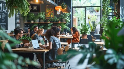 A modern co-working space bustling with professionals working on laptops surrounded by green indoor plants and natural light. AIG41