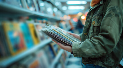 Audiophile Selecting Vinyl Records in a Music Store.