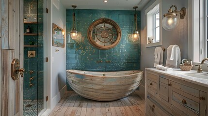 Nautical Bathroom Retreat Weathered Wood Tub and Blue Glass Shower