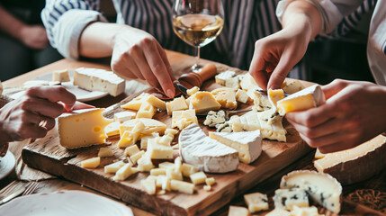 Gourmet cheese board shared among close friends.