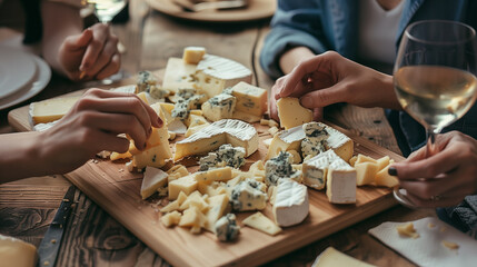 Obraz na płótnie Canvas Gourmet cheese board shared among close friends.