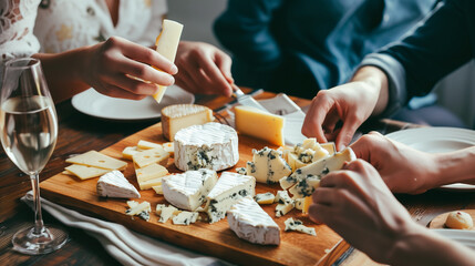 Gourmet cheese board shared among close friends. - 761166739