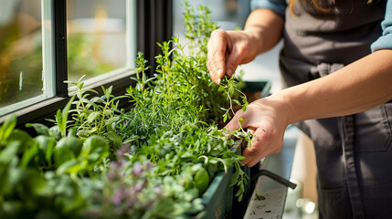 Hands nurturing plants in a garden box.