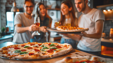 Friends share homemade pizza during a cozy get-together. - obrazy, fototapety, plakaty