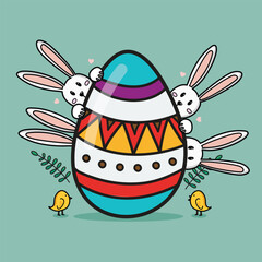 Happy easter with bunnies and easter egg doodle style - 761166964