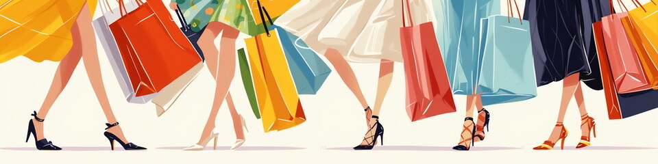Close-up of legs and shoes of five fashionable women carrying shopping bags wearing various clothes and shoes. Close-up lower body. Illustration of fashion trend and shopping concept. Generative AI - obrazy, fototapety, plakaty