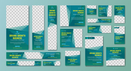 Website ads banner design template set, gradient blue and green business template premium vector - obrazy, fototapety, plakaty