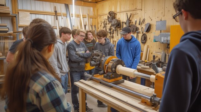A skilled woodworker demonstrates lathe techniques to a group of engaged young apprentices in a well-equipped workshop. AIG41