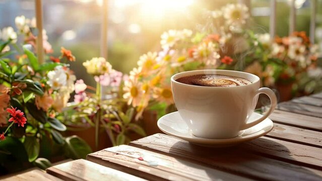 cup of coffee and flowers. seamless looping 4k animation video background 
