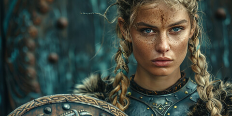 A young brave Viking heroine on the battlefield after the battle. - obrazy, fototapety, plakaty