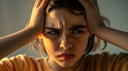 Close-up of a sulky child with hands on head and a frowning expression in golden sunlight - obrazy, fototapety, plakaty