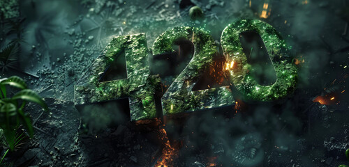 Mossy numbers 420 with green foliage and fiery sparks, enveloped in smoke.