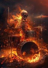 Skeleton playing burning drums, drums on fire.
