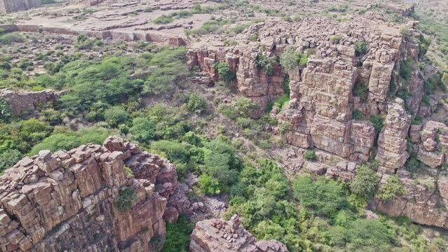rocky mountain view of indian grand canyon gandikota at kadapa, andhra pradesh , india, top down drone shot