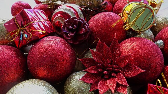 Close Up of Golden and Red Christmas Balls on a Christmas Background